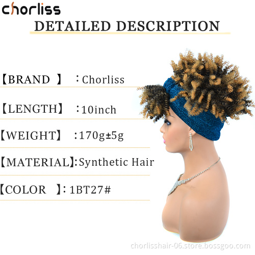 Wholesale Cheap Short Ombre Kinky Curly Fluffy Turban Wigs Wrap Heat Resistant Afro Synthetic Headband Attached Wigs For Women